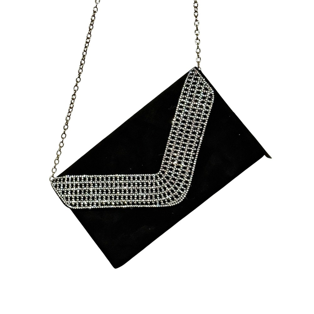 NEW Lefrcry Black Faux Suede Rhinestone V-Shape Evening Clutch Bag Chain Strap